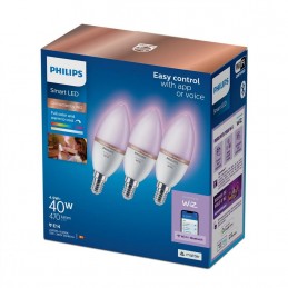 3 Becuri LED RGB inteligente Philips Candle C37, Wi-Fi, Bluetooth, E14, 4.9W (40W), 470 lm, lumina alba si color (2200-6500K)