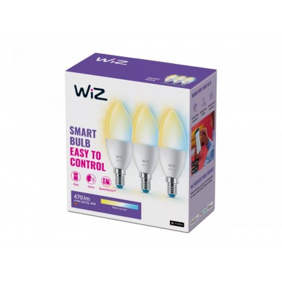 3 Becuri LED inteligente WiZ Connected Whites C37, Wi-Fi, E14, 4.9W (40W), 470 lm, lumina alba (2700-6500K), compatibil Google A