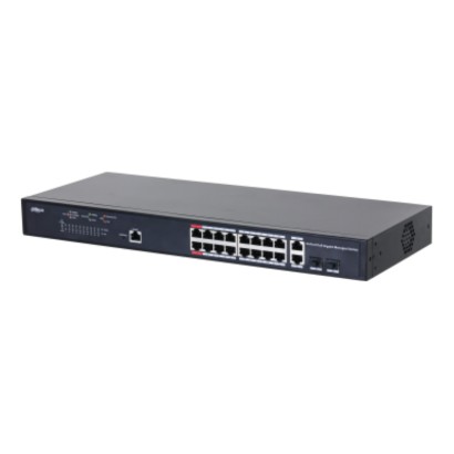 Dahua Managed Switch 18 porturi, 16 porturi POE, Gigabit, Port 1-16:16 × 10M/100M/1000MBase-T (PoE), Port 17-18:2 × 10M/100M/100