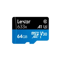 LEXAR 64GB High-Performance 633x microSDXC UHS-I, up to 100MB/s read 45MB/s write C10 A1 V30 U3, Global EAN: 843367119684